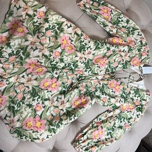 Sage Floral romper with Pink and Green